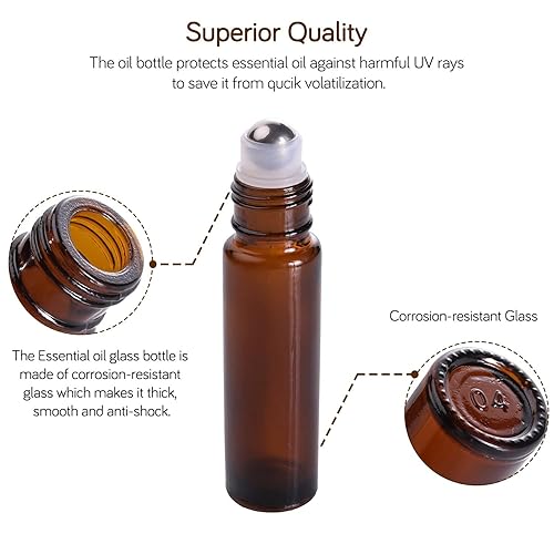 Miniatura 3 de PrettyCare Botellas enrollables para aceites de 0.3 fl oz (vidrio ámbar, paquete de 6, 1 bolas de acero inoxidable adicionales, 12 etiquetas, 1