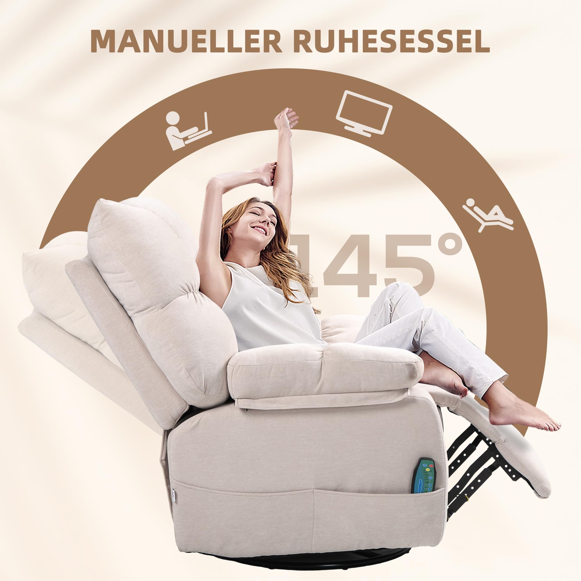 HOMCOM Relaxsessel mit Massagefunktion und 8 Vibrationspunkten, Beige | Fernsehsessel, Heizfunktion, Wippfunktion, Drehbarer Liegesessel, Fernbedienung, Seitentasche, Kunstleder