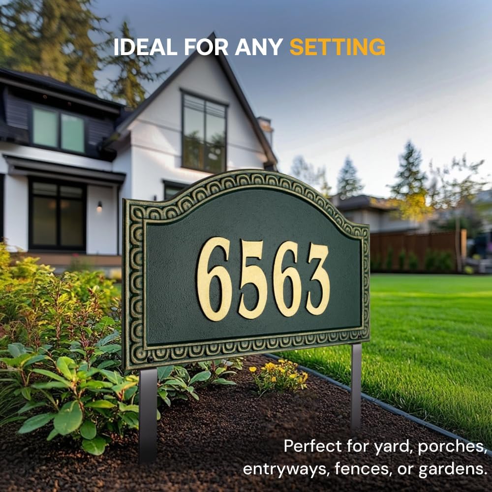 Whitehall™ Personalized Cast Metal Address Plaque Grande Lawn 1-line House Numbers Sign for Outside Penhurst Dresden Font Custom Arch Plaque for Yard Outdoor Garden Sign with Stakes Upto 5 Characters (5" inch)