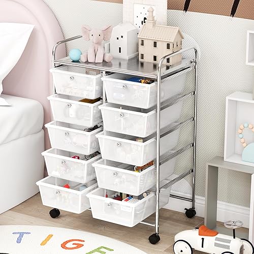 Miniatura 6 de SILKYDRY Carrito de almacenamiento con ruedas de 10 cajones, organizador con ruedas para arte, herramientas, manualidades, papel, álbum de recortes,