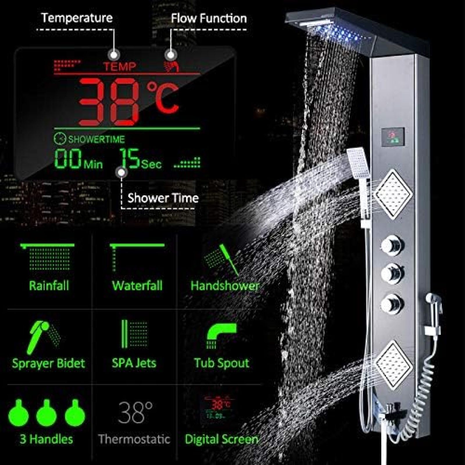 VASDEV Panel para Ducha LED Negro y Gris, Columna de Lluvia, Cascada, Cabezal de Ducha, Pantalla Digital, Temperatura, 3 manijas, Grifo Mezclador, pulverizador, Ducha de bidé