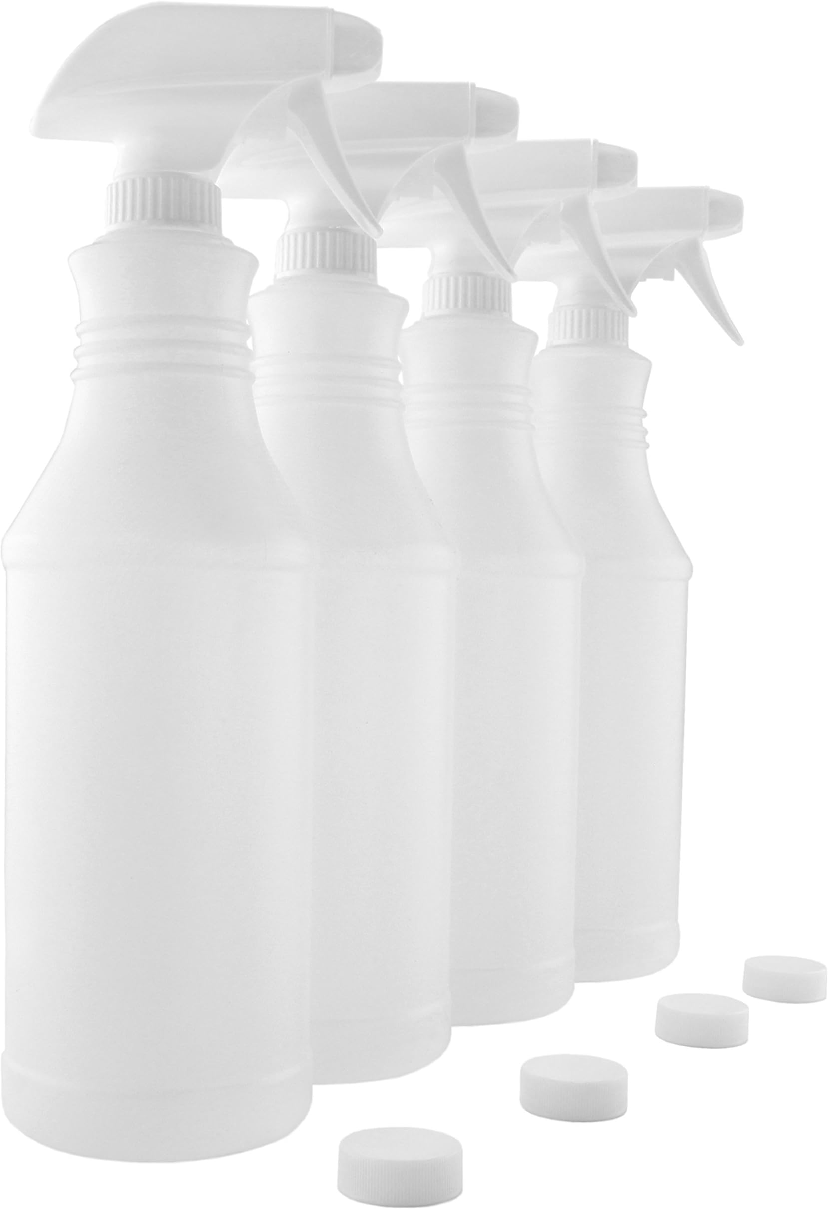 32-Ounce Carafe Style Plastic Spray Bottles w/ Heavy Duty Mist & Stream Sprayers (4-Pack); 3-Setting Adjustable Nozzles, Quart Size BPA-Free HDPE Plastic Bottles, Also Includes Caps for Storage