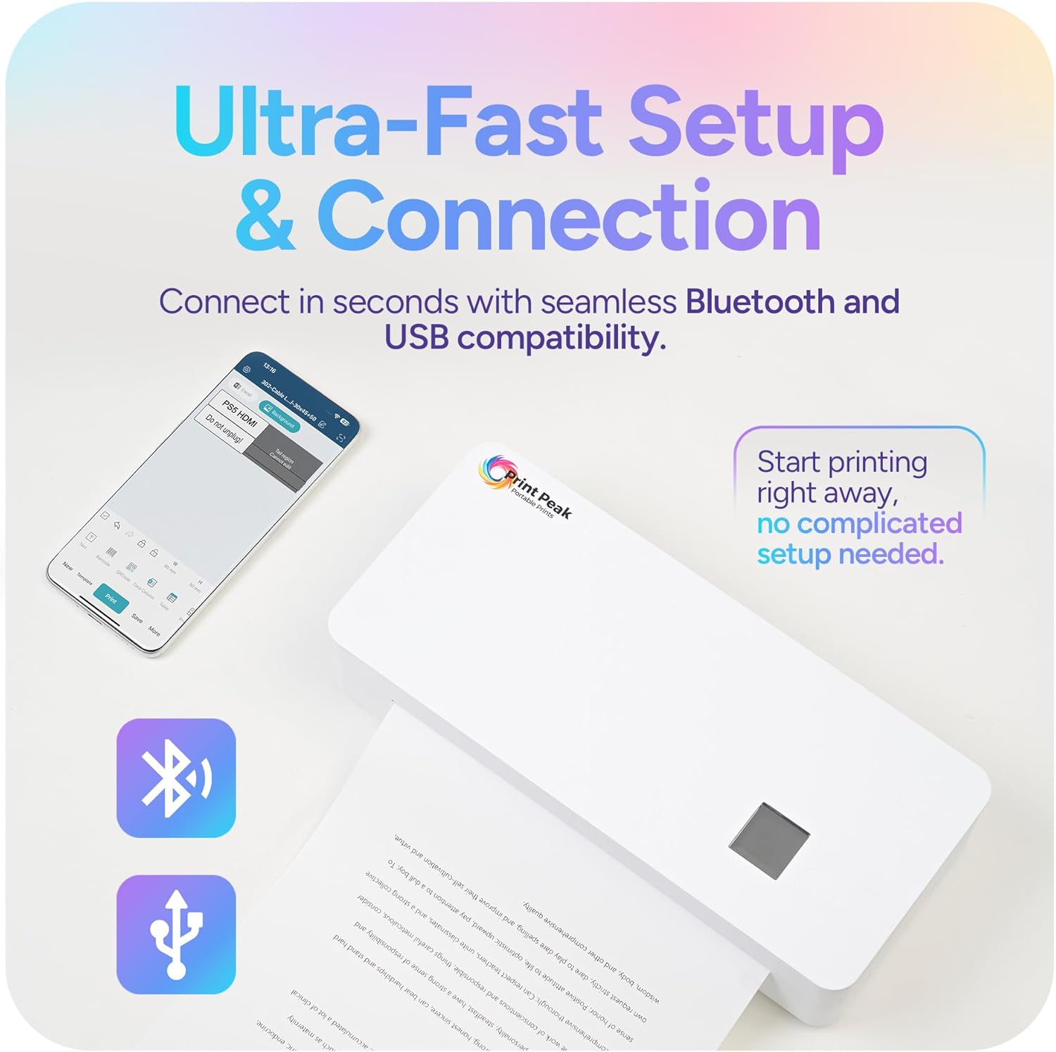 PrintPeak Thermal A4 Printer with 1 Roll Pre-Cut Paper (50 Sheets) - Wireless Portable for Travel, Compact Bluetooth for iPhone, Android & Laptop, 27.5 x 11.6 cm