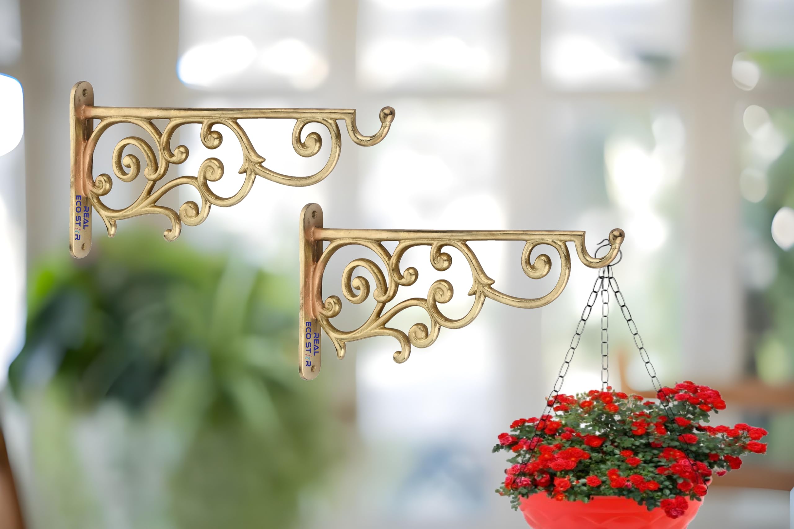 REAL ECO STAR Metal Wall Hook Hanging Plant Bracket | Decorative Straight Plant,Hanger for Pots, Bird Feeders, Planters, Lanterns, Cotton, Wind Chimes Indoor and Outdoor (Pack of 2, Gold 39)-image-10
