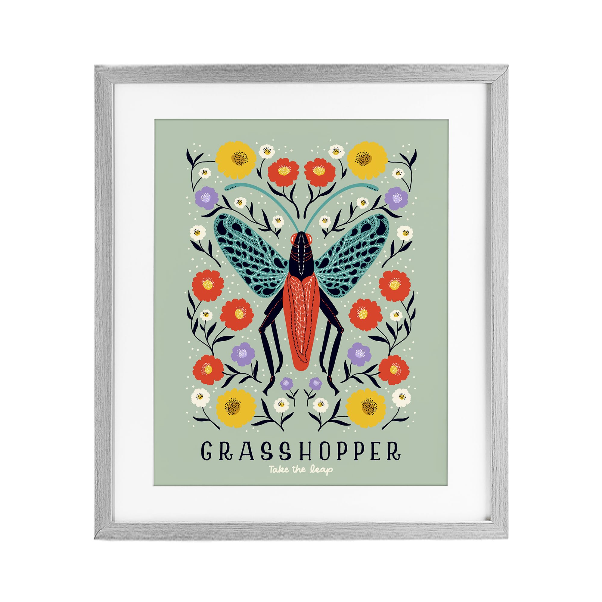 Stupell Industries Farmhouse Gray (Textured) 'Symmetrical Grasshopper With Blooms'| Framed Print Under Glass