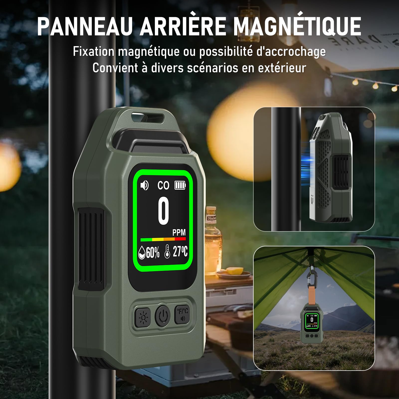 Detecteur Monoxyde Carbone Portable, Autonomie de 300 Heures, thermomètre et hygromètre avec Fonction d'alarme et Lampe Torche d'urgence, idéal pour Le Camping, Les Voyages, la Voiture et la Cuisine.