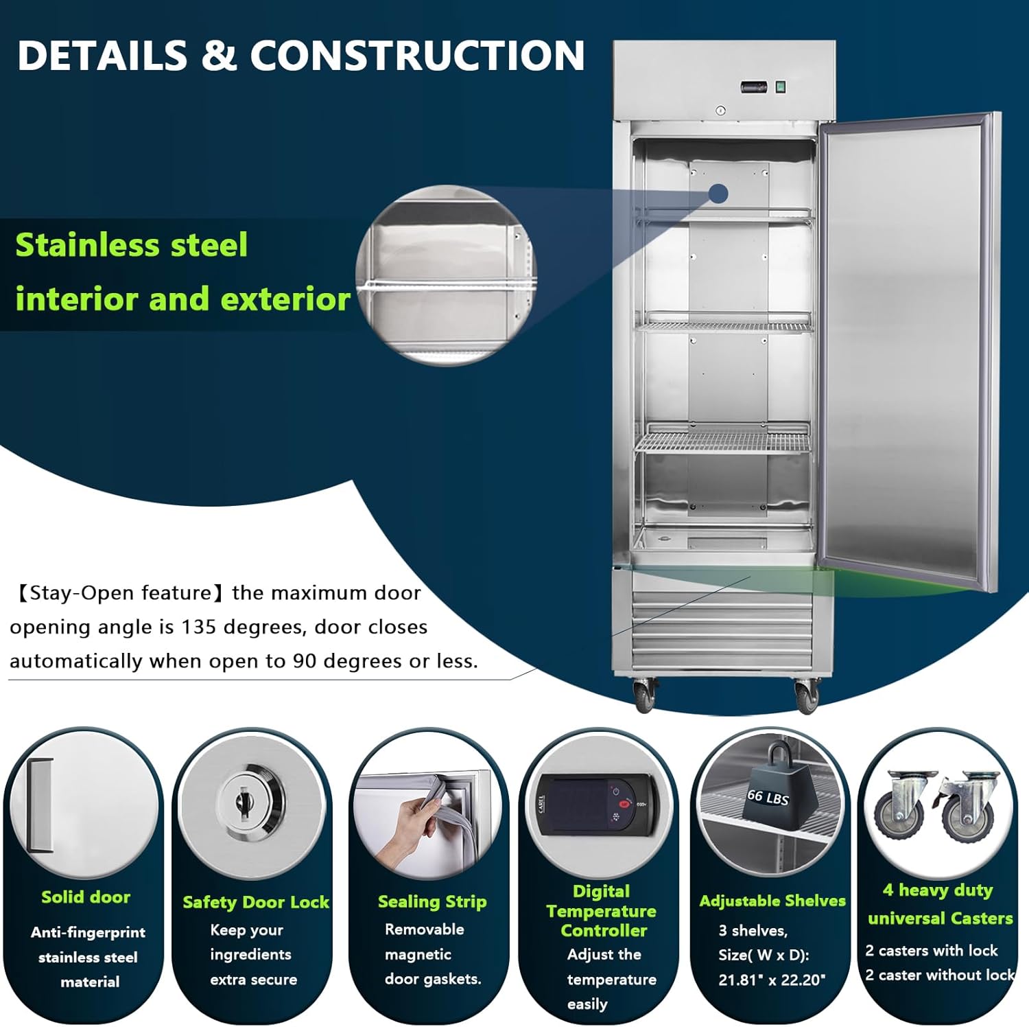 27" W Commercial Refrigerator,33℉ ~39℉,18.68 Cu.Ft Single Door Reach-In Stainless Steel Upright Refrigerators for Restaurant Shop Wholesale Market Kitchen Garage School