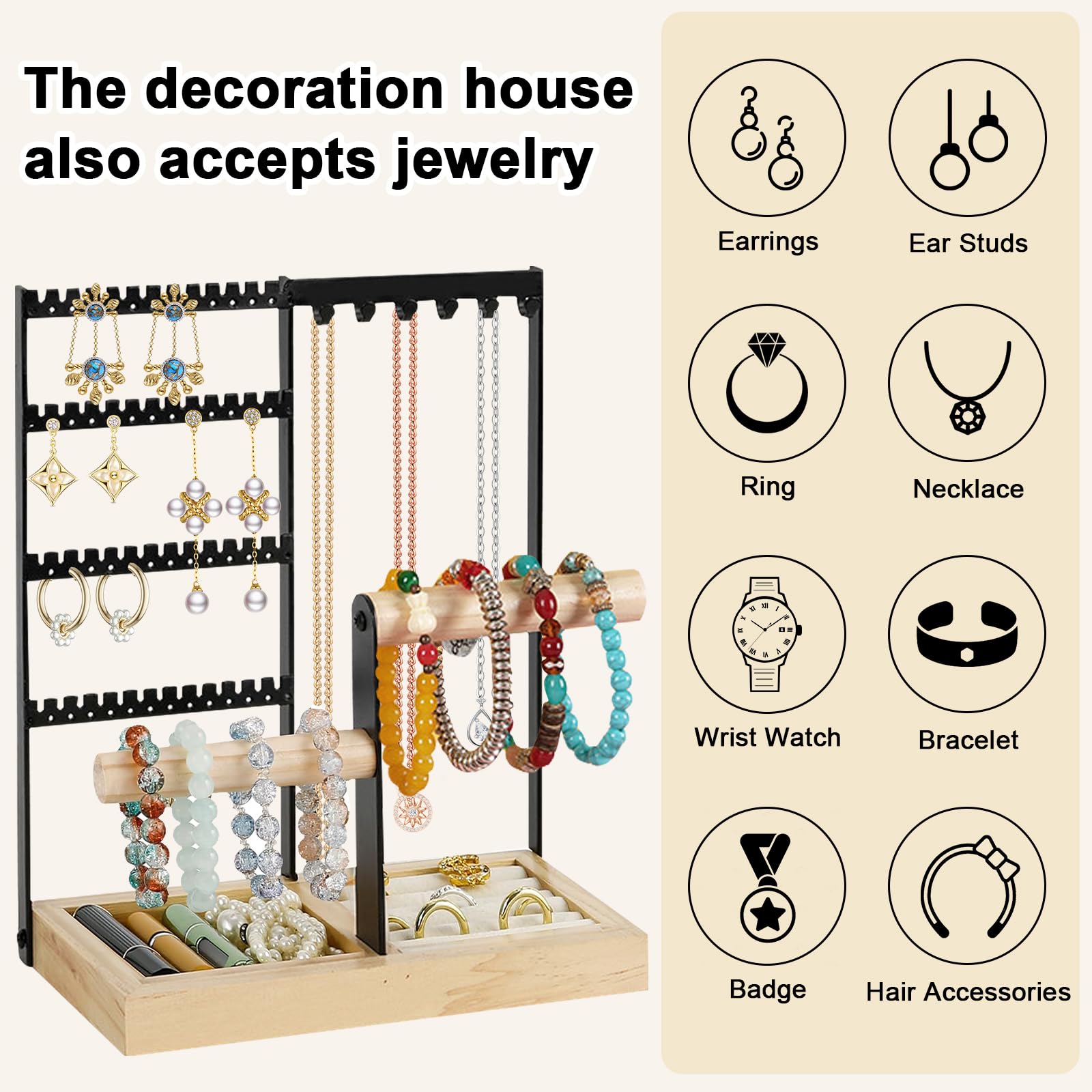 Porte Bijoux Présentoir à Bijoux en Metal et Bois Durable,Porte-Bijoux avec Plateau et Crochets,porte collier,Rangement Bijoux pour Chaînes Boucles d'Oreilles Bagues Bracelets Montres