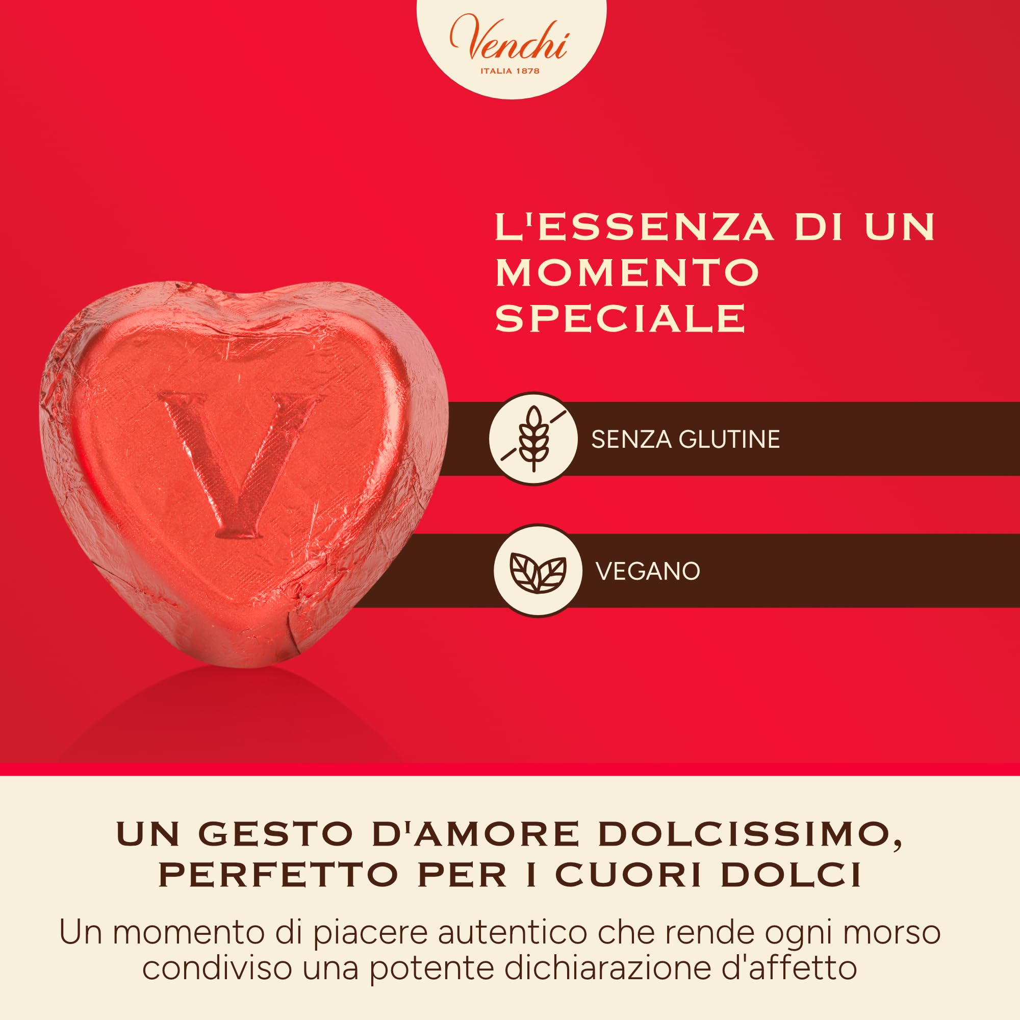 Venchi - Cioccolatini a Forma di Cuore, Extra Fondente, 1 Kg, Vegano, Senza Glutine, Senza Coloranti e Conservanti, Idea Regalo Festa della Mamma