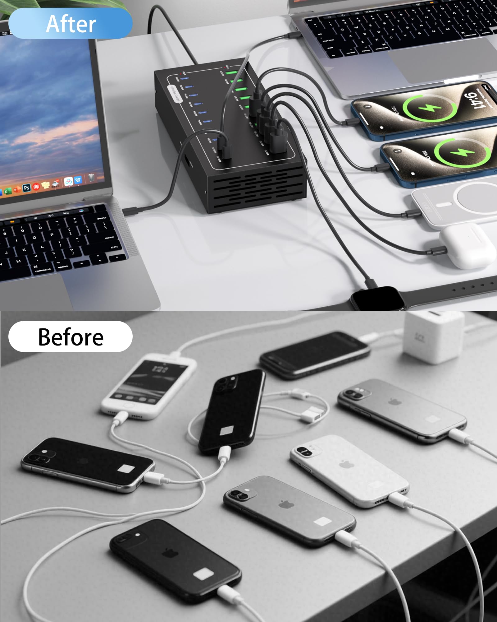 Estación de carga USB de 430 W, estación de carga rápida de 20 puertos para múltiples dispositivos, multiprotocolo PD3.0/QC4.0, fuente de alimentación inteligente y protección contra sobrecarga para