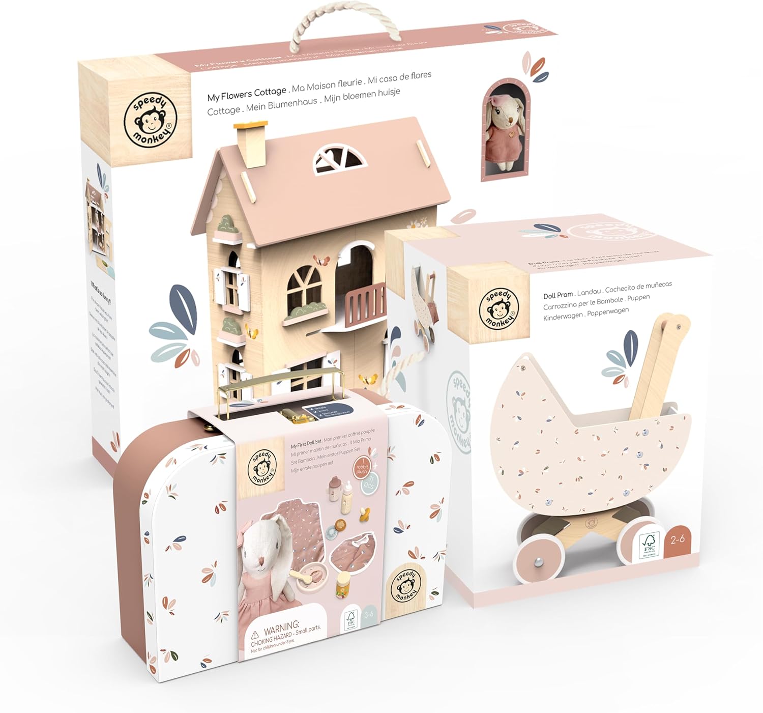 SPEEDY MONKEY Flowers Cottage Wooden Playset with Doll Pram & Doll Play Set | Wooden Baby Doll Stroller with Rabbit Baby Doll Playset with Feeding Accessories | Role Play Gift Set for Girls & Boys