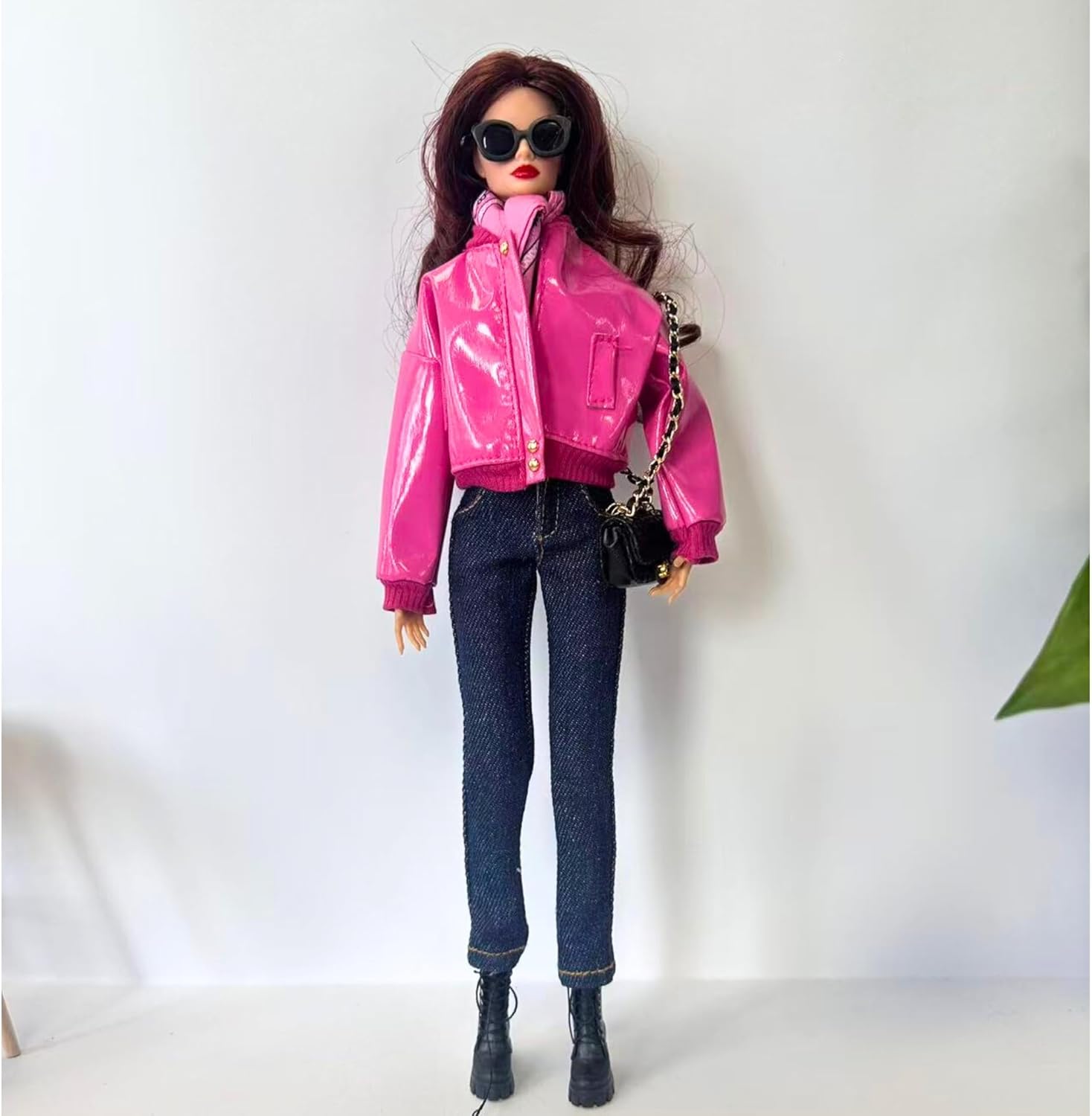 Fashion Doll Outfit Set, Pink Jacket with Scarf and Chain Bag, for 11.5-12 inch Dolls, 1/6 BJD Action Figures (Pink 3pieces)