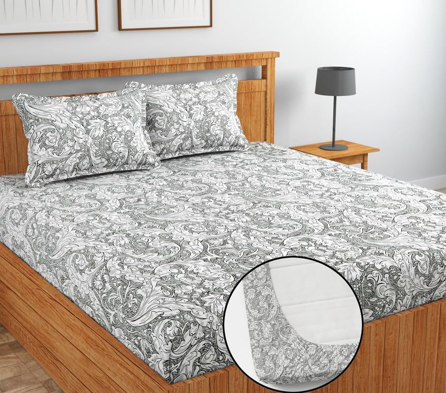 Image of NHD HOME Premium Cotton Elastic Fitted Bedsheets with 2 Pillow Covers Double Bed All Around Elastic Supersoft Size - 72 x 78 +8 inches White 200 tc - 220 tc