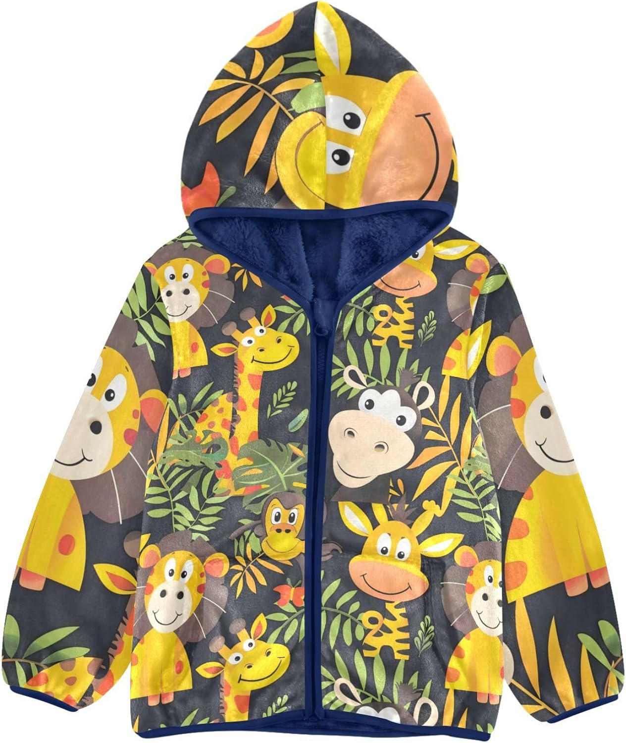 Cartoon Zoo Giraffe Monkey animal Kid Fleece Jacket Kids Outerwear Boys Navy Blue Baby Girl Clothes chamarras para ni?os 9-10T