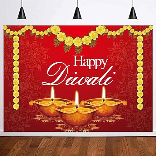Miniatura 2 de 7X5FT Happy Diwali fotografía fondos fondo rojo amarillo caléndula India aceite lámpara vela ardiente luces fiesta decoración accesorios suministros