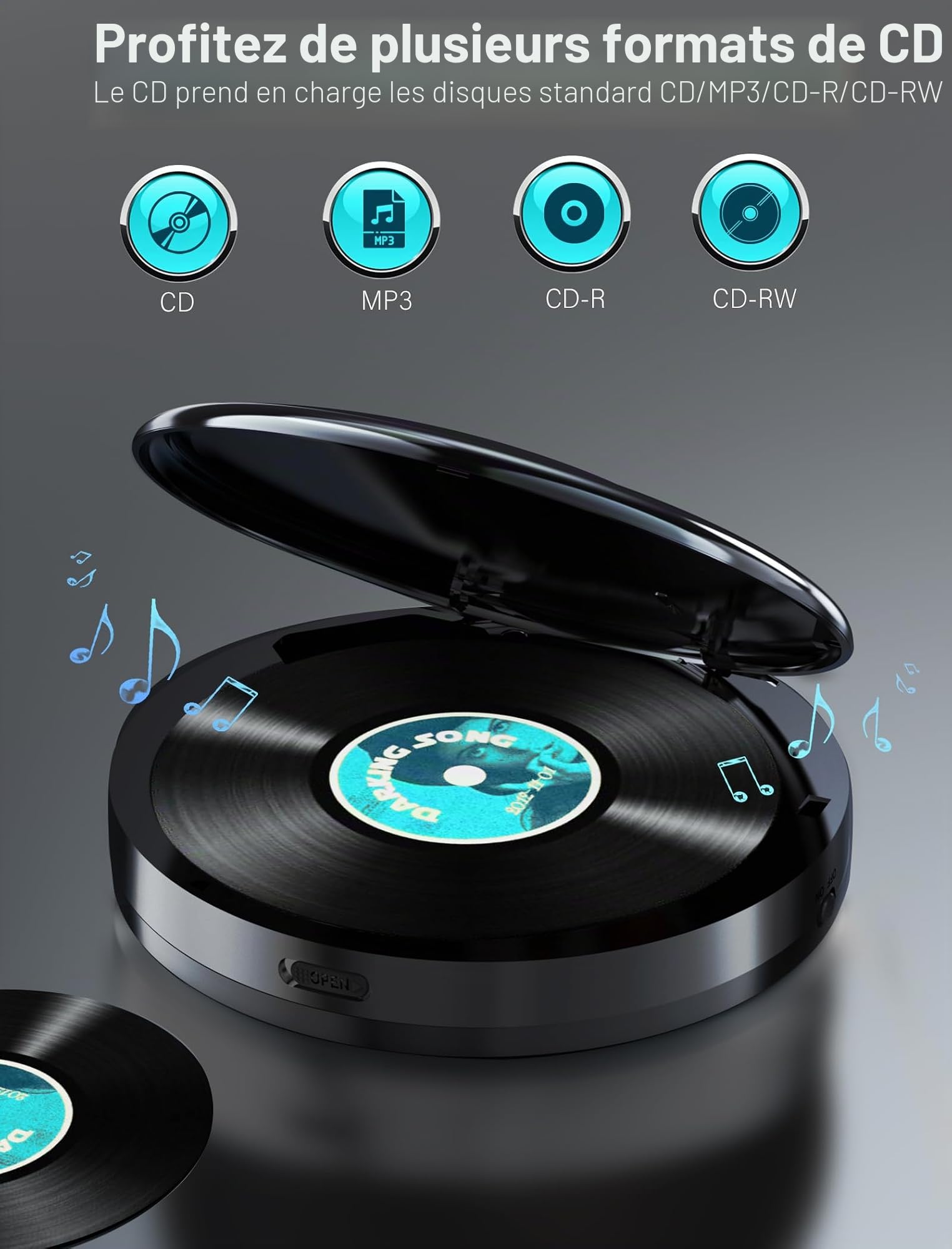 Discman Lecteur CD avec émetteur FM Bluetooth, écouteurs, écran LCD, AUX, haut-parleur intégré, port USB, lecteur CD rechargeable portable 2000 mAh (gris clair)