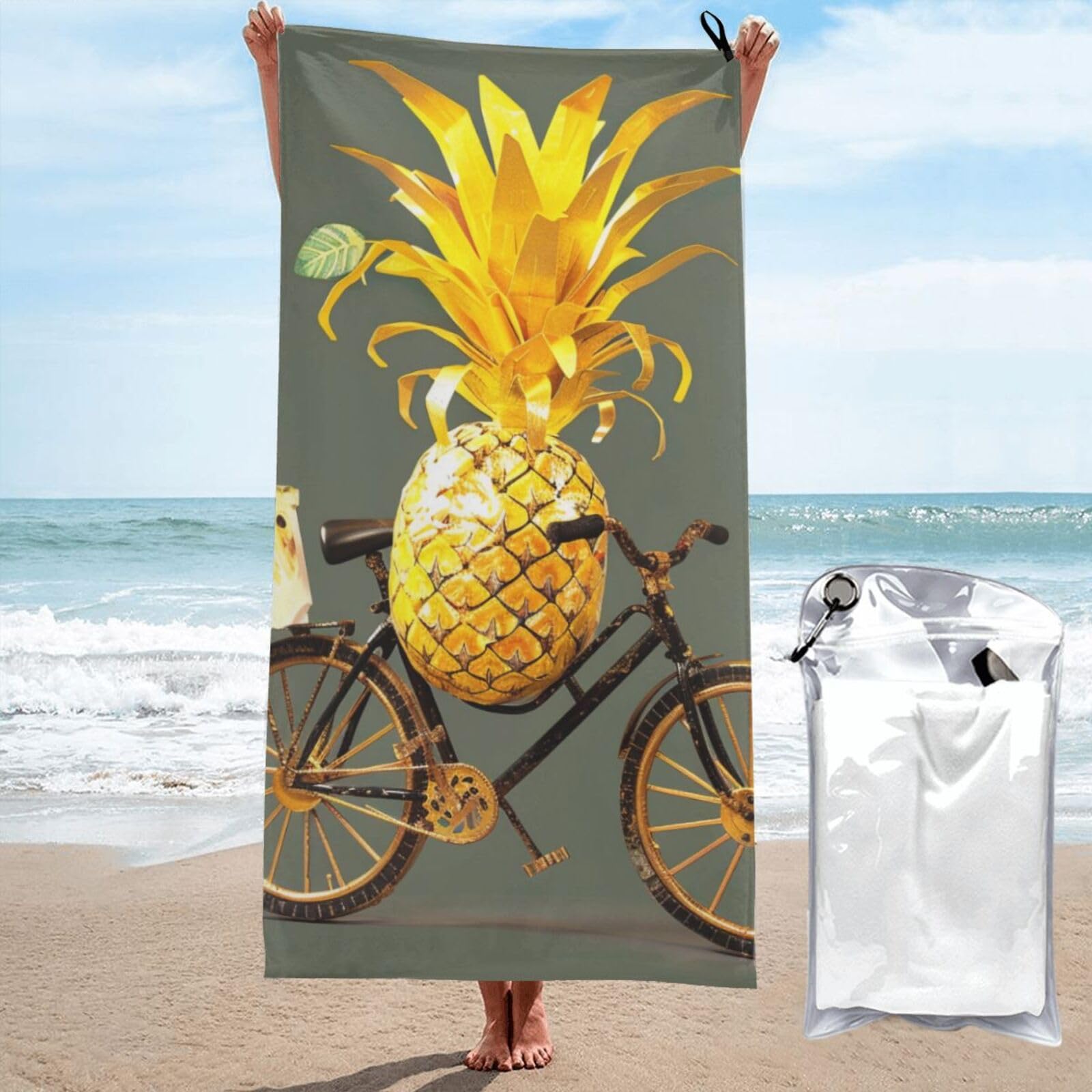 kkvhhyuo Microfiber Beach Towel, Pineapple Printed Lightweight Quick Dry Travel Bath Sheet with Compact Carry Bag for Swimming Yoga Camping Gym,31.5"x63"