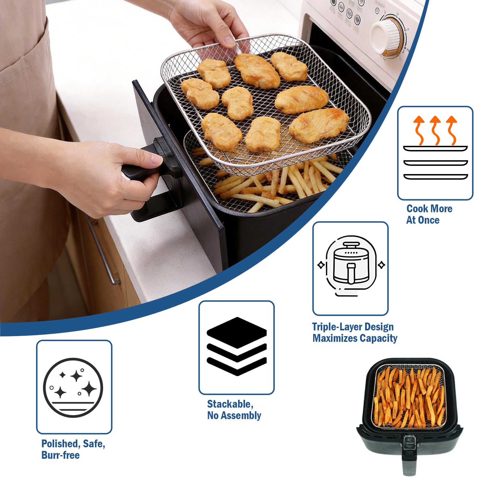 Griglia per Friggitrice ad Aria, 3 Pezzi, Impilabile in Acciaio Inossidabile, Cestello Multistrato per Frittura, Accessori per Friggitrice ad Aria con 4 Piedini in Silicone