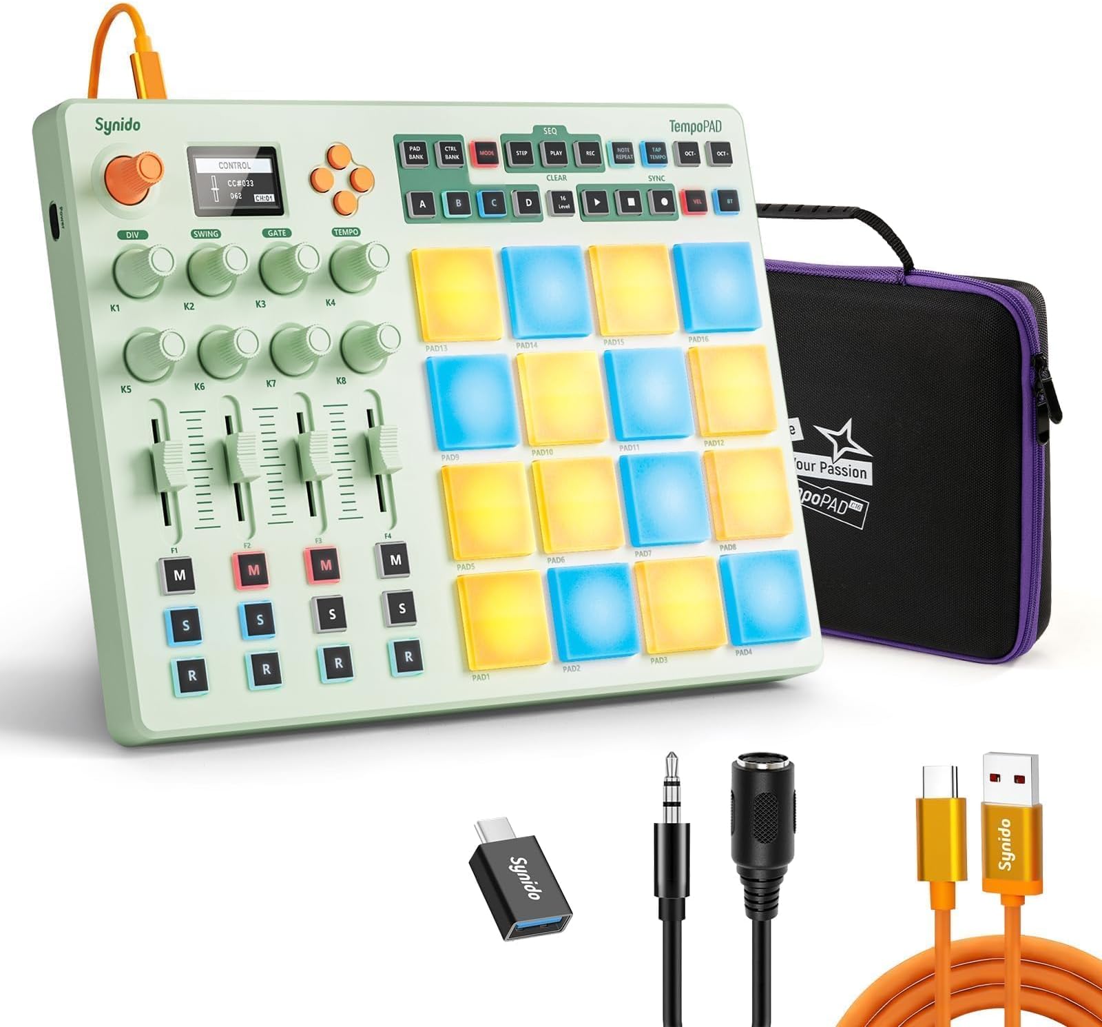 Synido Midi Pad Controller, Portable Beat Maker Machine with Drum Pads, Beginners Beating Pad Velocity Sensitive, LED Display for Music Production (Wireless MIDI)