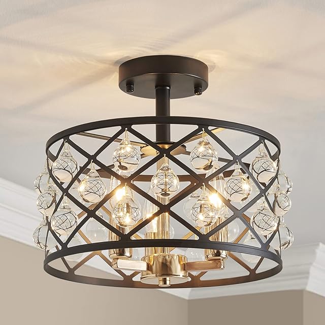 Saint Mossi Crystal Ceiling Light Fixture, Ceiling Chandeliers with E14 Base 3-Light,D30cm x H36cm, Matte Black & Shine Gold Finish