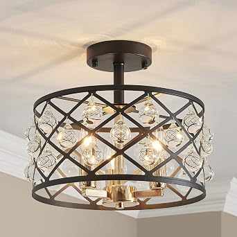 AGV LIGHTING CH013BB Farmhouse Semi Flush Mount Ceiling Light Fixture, E12 Base 3-Lights, D12 x H14, Matte Black & Light Gold Finish,Crystal Ceiling Light Fixture for Dining Room Entryway Foyer