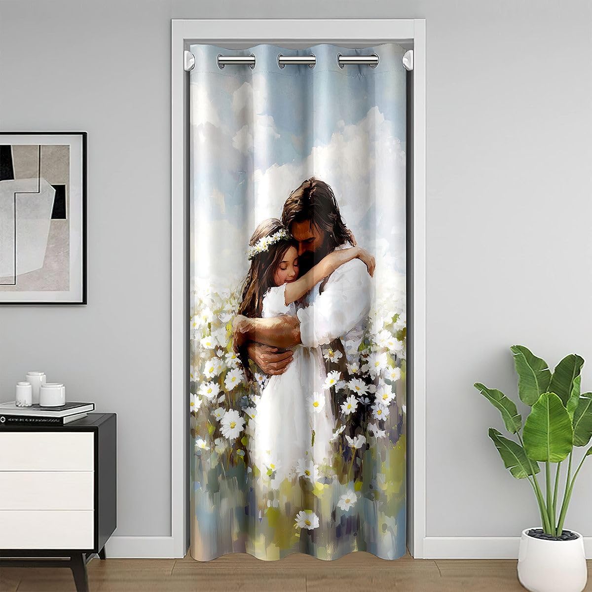 God with Children Kids Door Curtain,Western God Teaching Children Blackout Curtain,Bible Verse Artwork Spiritual Bedroom Doorway Living Room Decor,Colorful Privacy Door Drape 1 Panel,42" W X 84" L