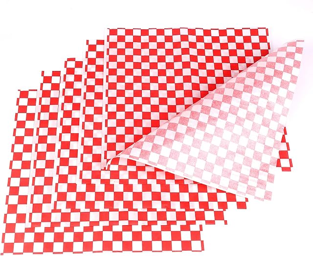SAVITA 100 Sheets 11" x 10" Squares Deli Wrap Paper Disposable Food Basket Liners Greaseproof Food Grade Wrapping Paper for Food Burger Sandwich Picnic Plastic Coat (Red Chequered)