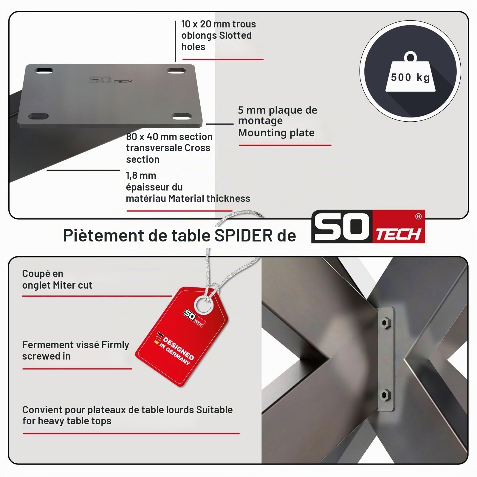 SOTECH Châssis de Table Spider/Pieds de Table en Acier Lourd à l'aspect Vintage/Montage Facile/Patins de Table pour Les projets de Bricolage Tables à Manger 710 x 850 x 850 mm