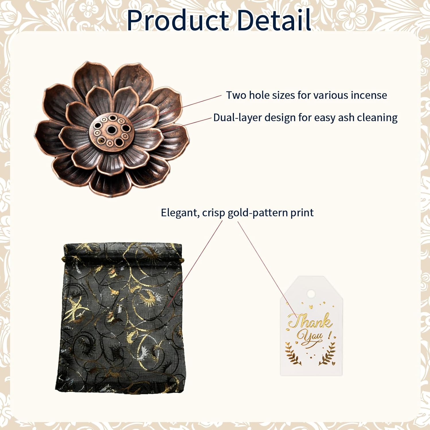 60Set Diwali Gifts Bulk, Lotus Incense Holder Set Ideal Return Gifts for Pooja, Brass Lotus Incense Sticks Holder with Organza Bag and Thank You Card for Indian Return Gift Party Favors