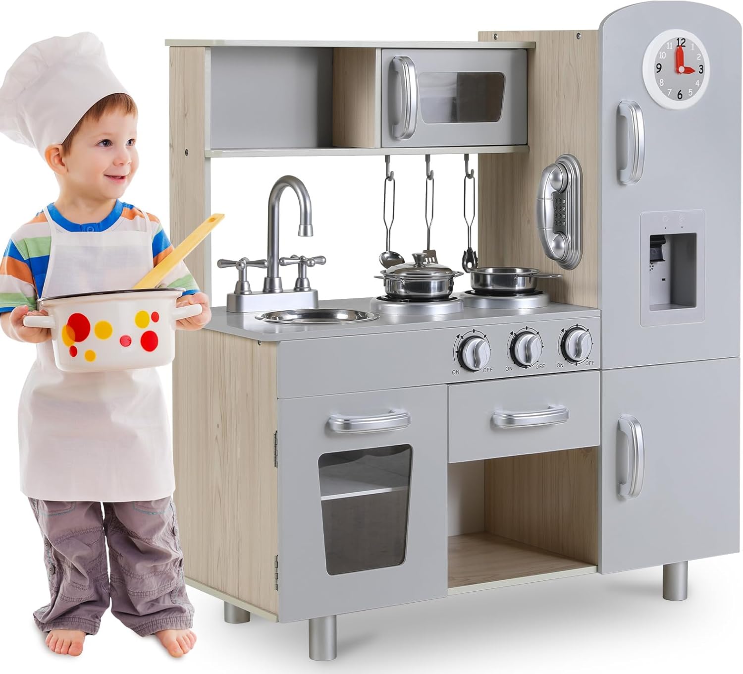 MAMIZO Kids Kitchen Playset, Preschool Cooking Kitchen, Toddler Wooden Pretend Play Toy w/Fridge, Stove, Cookware Utensil, Phone, Clock, Water Dispenser, Cabinet, Little Chef Toy Kitchen Set (Gray)