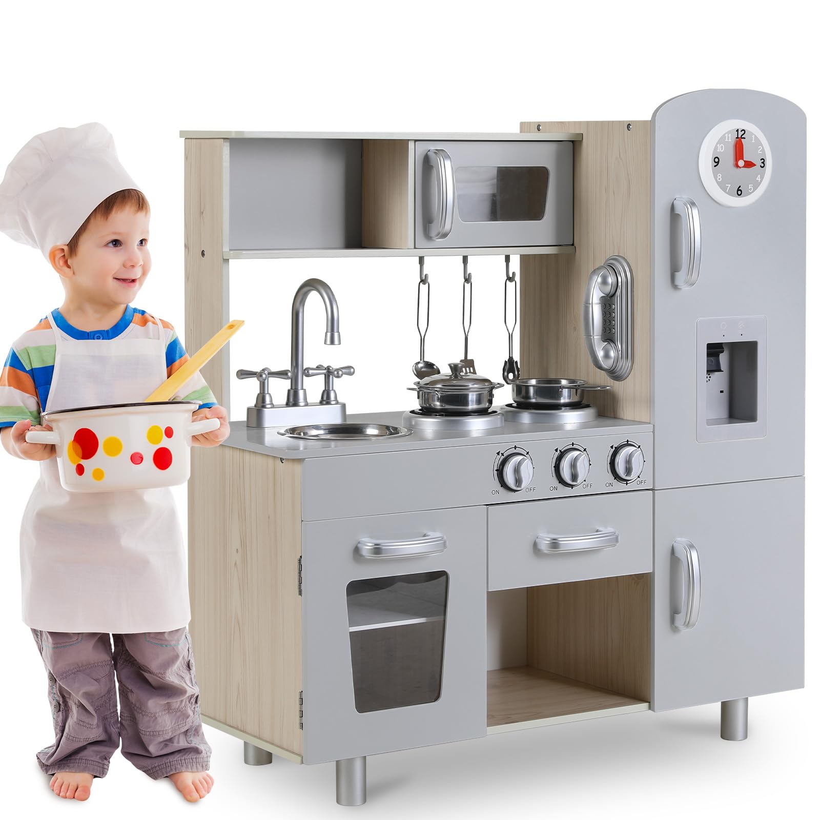 MAMIZO Kids Kitchen Playset, Preschool Cooking Kitchen, Toddler Wooden Pretend Play Toy w/Fridge, Stove, Cookware Utensil, Phone, Clock, Water