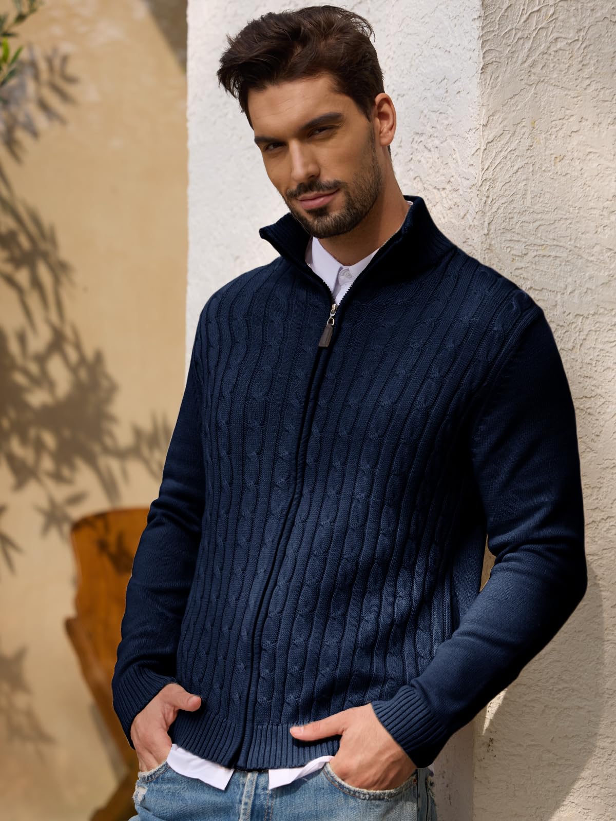 Les umes Cardigan Homme à Fermeture Éclair Pull Tricot Câblé à Col Debout Cardigan Chaud en Coton Détendu