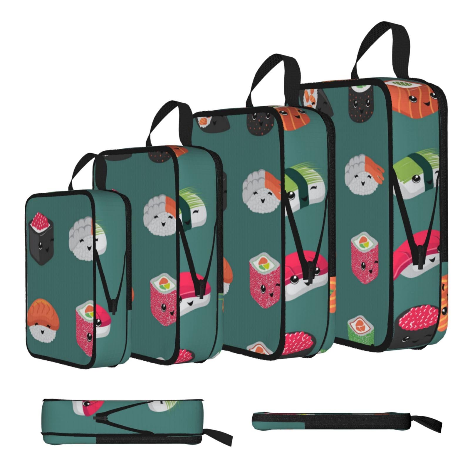 Sushi Print Compression Packing Cubes 4-Piece Set With Multi- Compartment Travel Bag, Waterproof Suitcase Organiser Bags