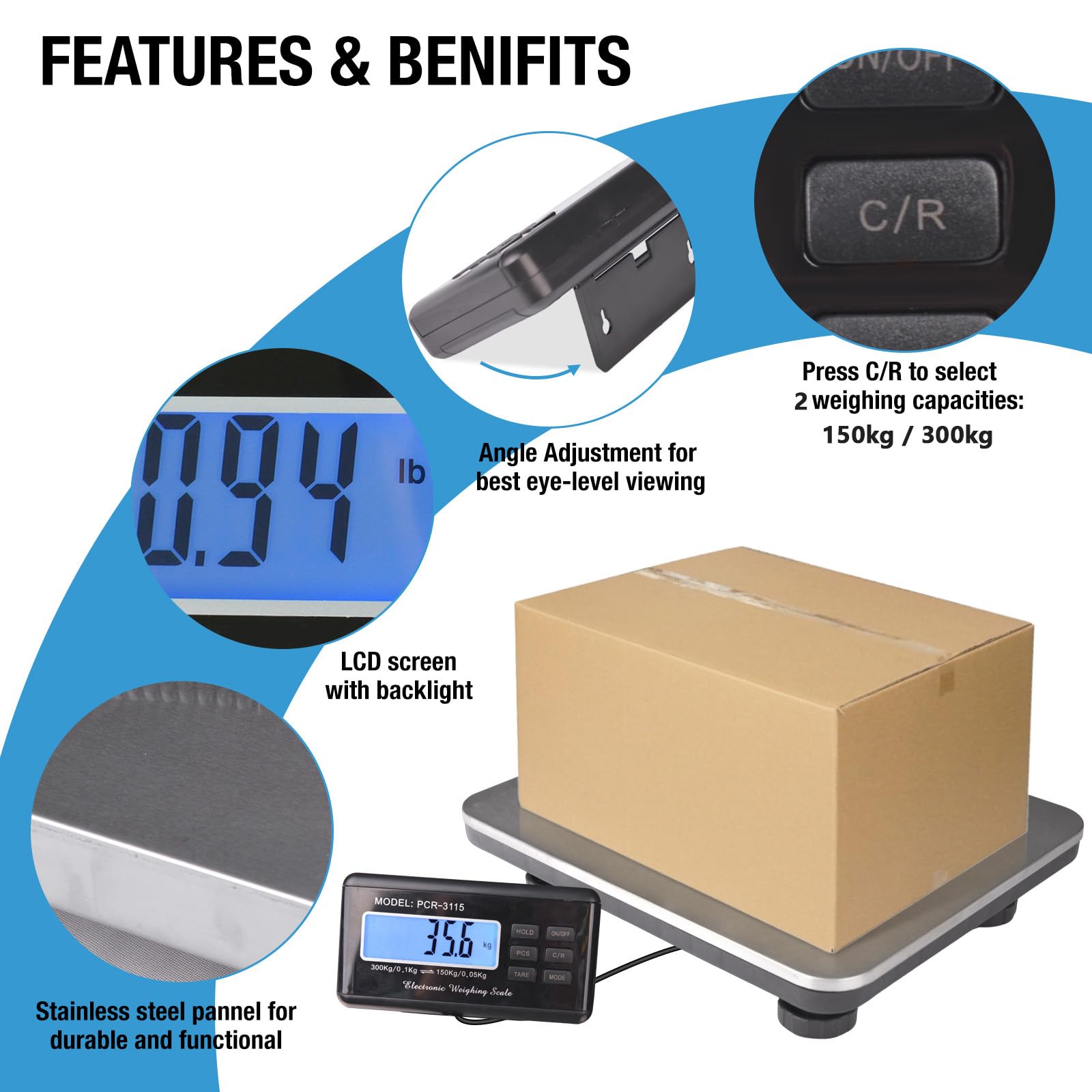 SurmountWay Pèse-personne numérique LCD 299,4 kg Balance Poids Plate-forme robuste portable en acier inoxydable pour envoi postal Poids pour Balance 35,6 x 30,5 cm