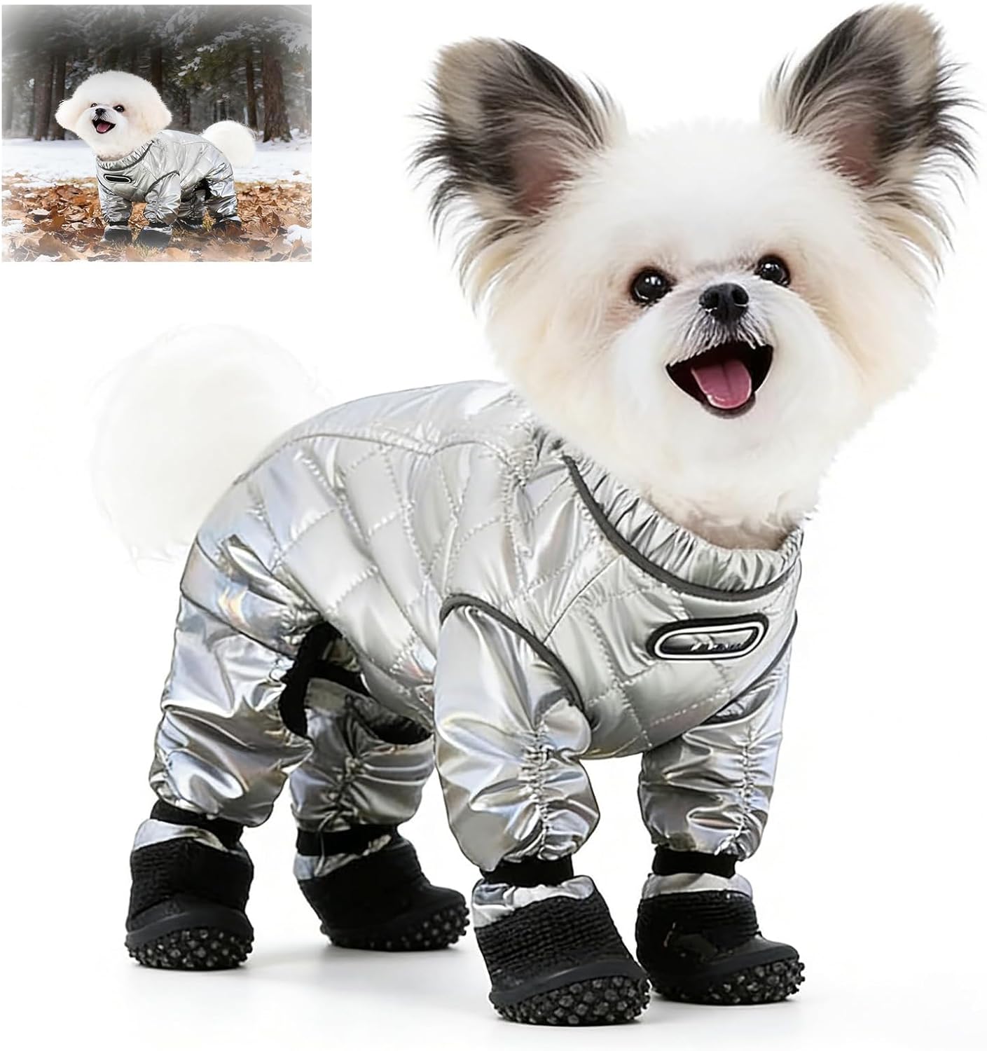 Dog Winter Coat with Attached Boots, Waterproof Insulated Quilted Full Body Suit for Small Medium Dogs, Reflective Puppy Snow Outfit for Outdoor Walking (M)
