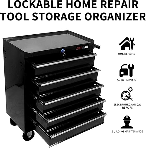 Miniatura 5 de Larmliss Carro de herramientas rodante de 5 cajones, caja de herramientas rodante sobre ruedas, organizador de almacenamiento de herramientas