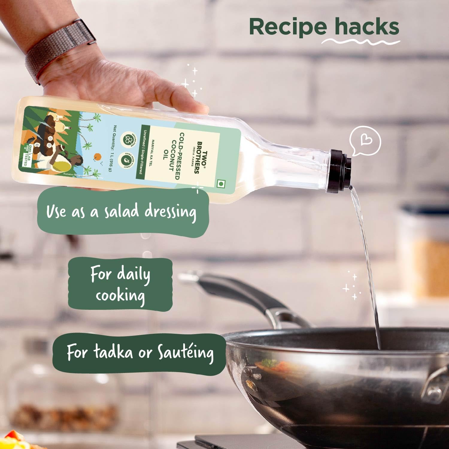 Two Brothers India Farms India's Only Certified Glyphosate Free | Coconut Oil, Made using Coconut | Hexane-free | Cold-Pressed and Single-Filtered Oil for better Cooking | 1 Litre 2