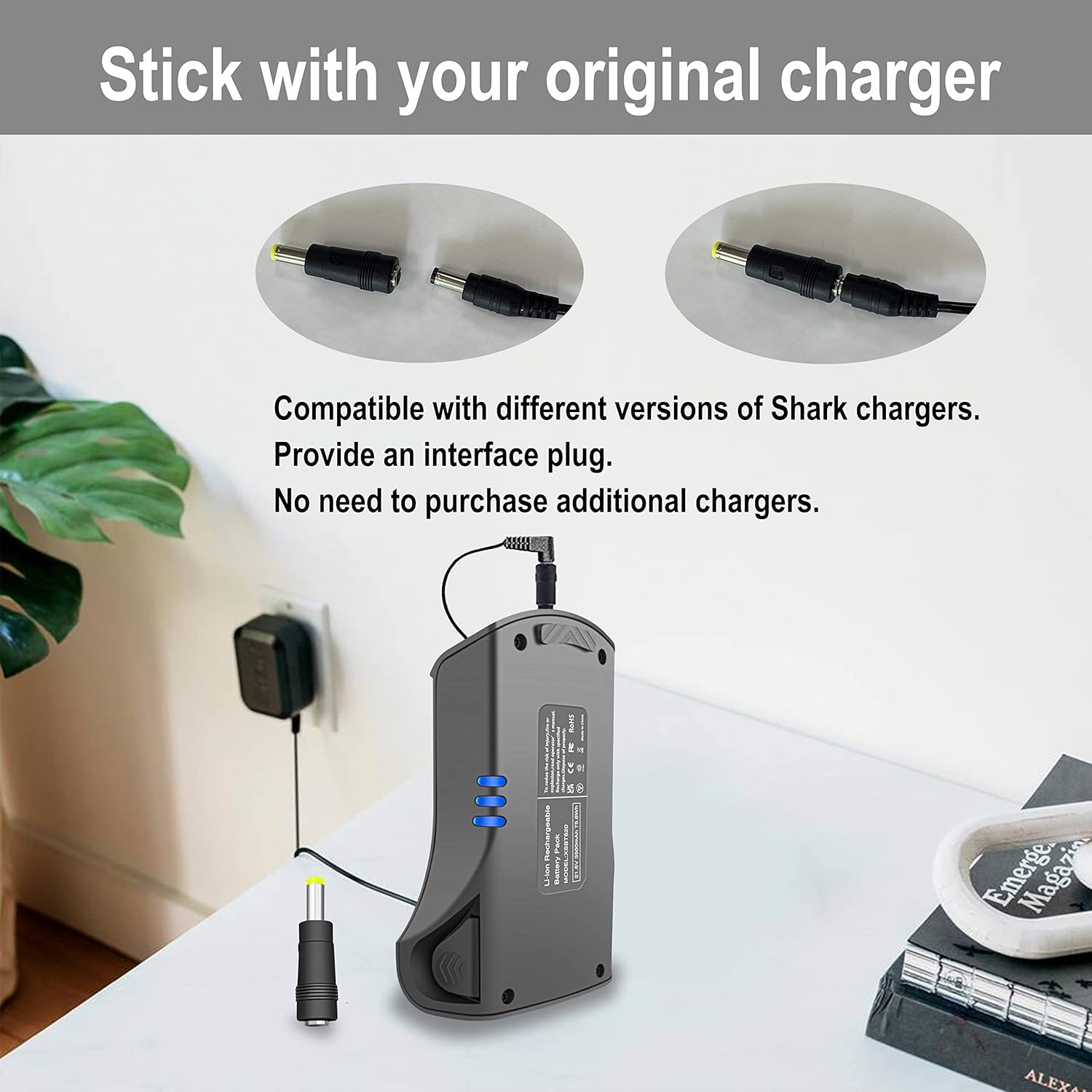 Burflo battery being charged with an original Shark charger
