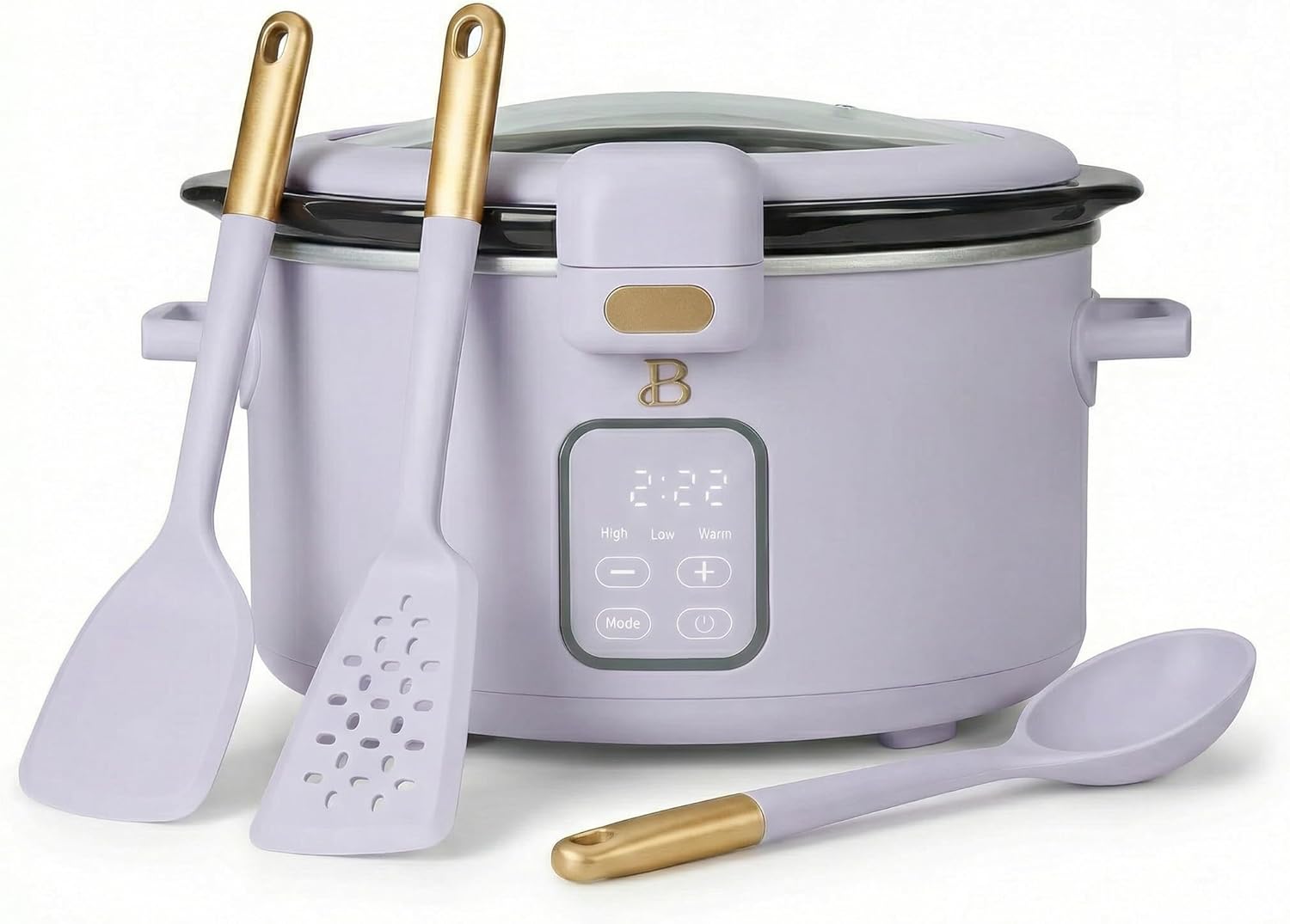 4 Quart Slow Cooker with Hinged Locking Lid and Touch Activated Display and 3 Piece Silicone Kitchen Utensil Set - Porcini Taupe Digital Small Slow Cooker with Timer and Automatic Warm