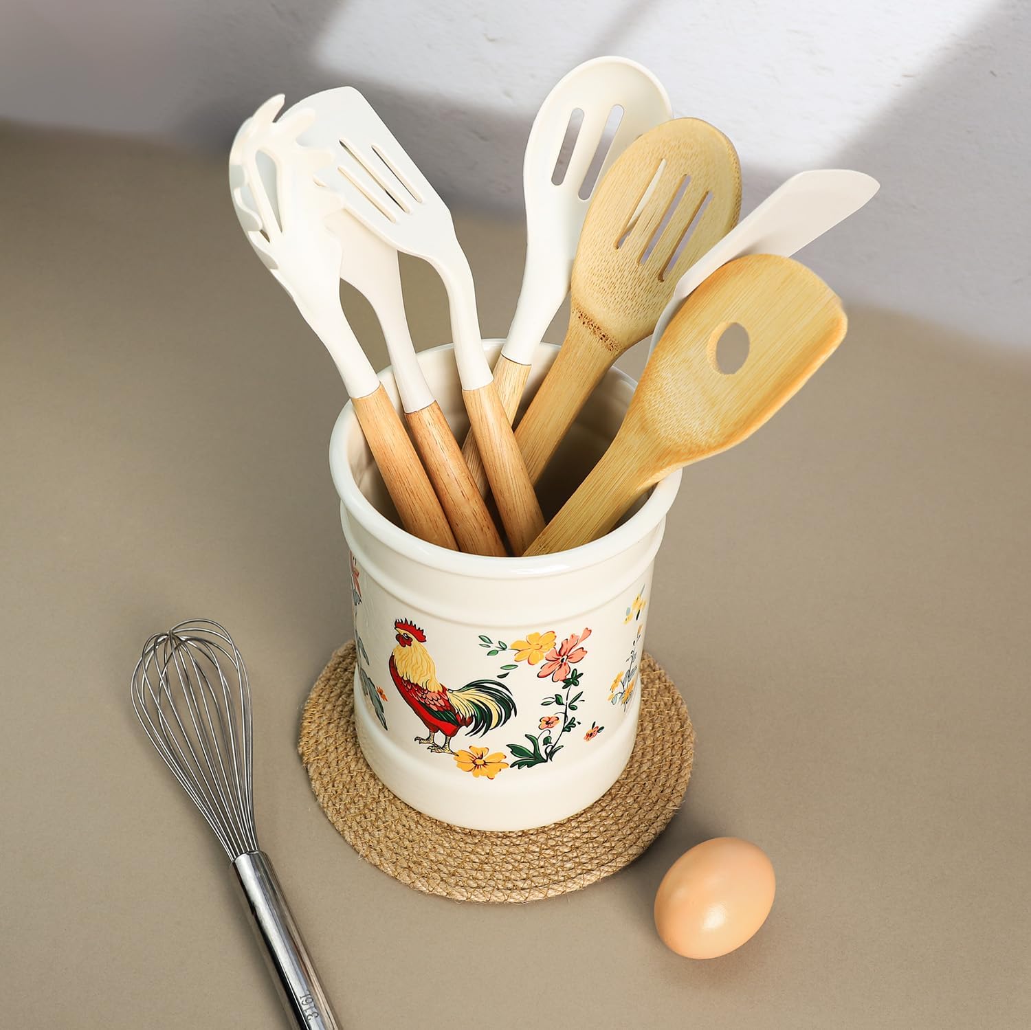 Ceramic Rural Rooster Pattern Kitchen Utensil Holder, Large Cooking Utensil Crocks, Ceramic Utensil Organizer for Spatula, Kitchen, Home Decoration