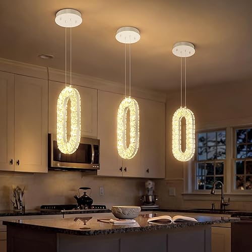 1-Light Modern Crystal Chandelier for Kitchen Island LED Dimmable Pendant Lighting Silver Ring Chandelier for Dining Room Bedroom