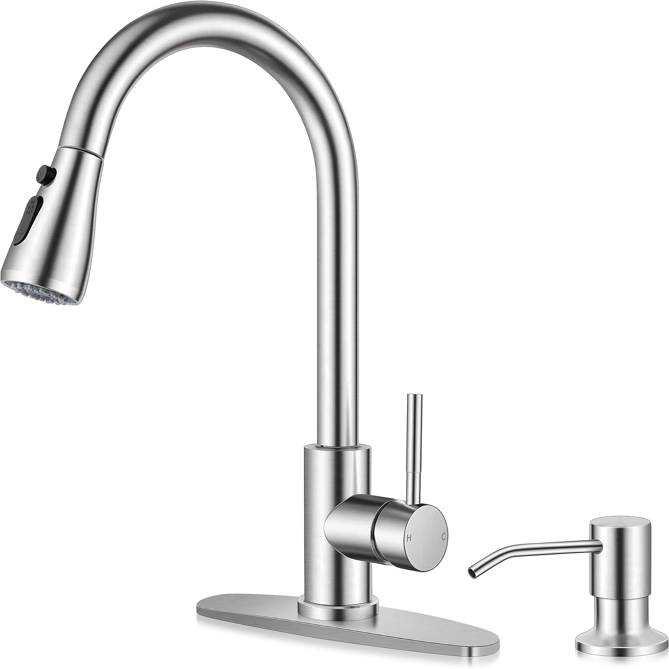 Homikit Kitchen Sink Faucet with Pull Down Sprayer & Soap Dispenser, Brushed Nickel Stainless Steel Kitchen Faucet with Deck Plate, High Arc Single Handle Sink Faucet for Utility Rv Laundry