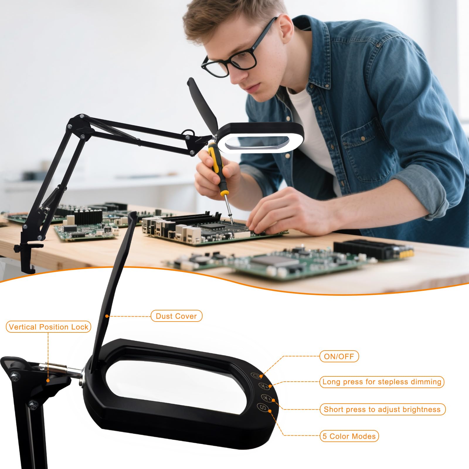 CGBE 10X Lupe mit Licht 3-in-1 LED Lupenlampe Dimmbar mit Sockel und Klemme | 5'' Leselupe mit Staubschutzhülle, LED, 5 Farbmodi, stufenlos dimmbar, 3-in-1, Sockel, Klemme, Lesen, Basteln, Reparatur