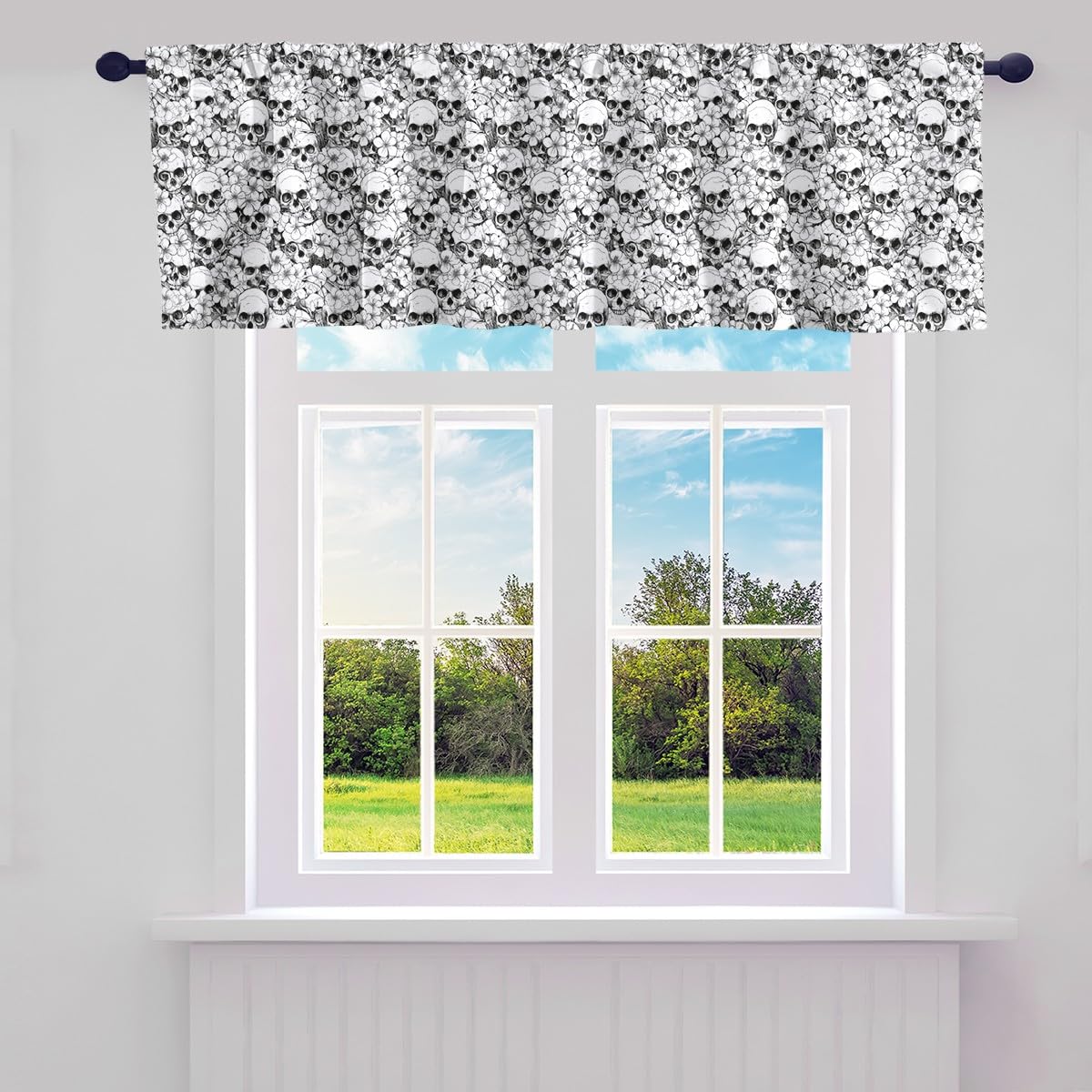 Skull Floral Valance Curtains for Living Room Bedroom Halloween Skeleton Cherry Blossom Kitchen Curtains Valances Rod Pocket Window Treatment Skull