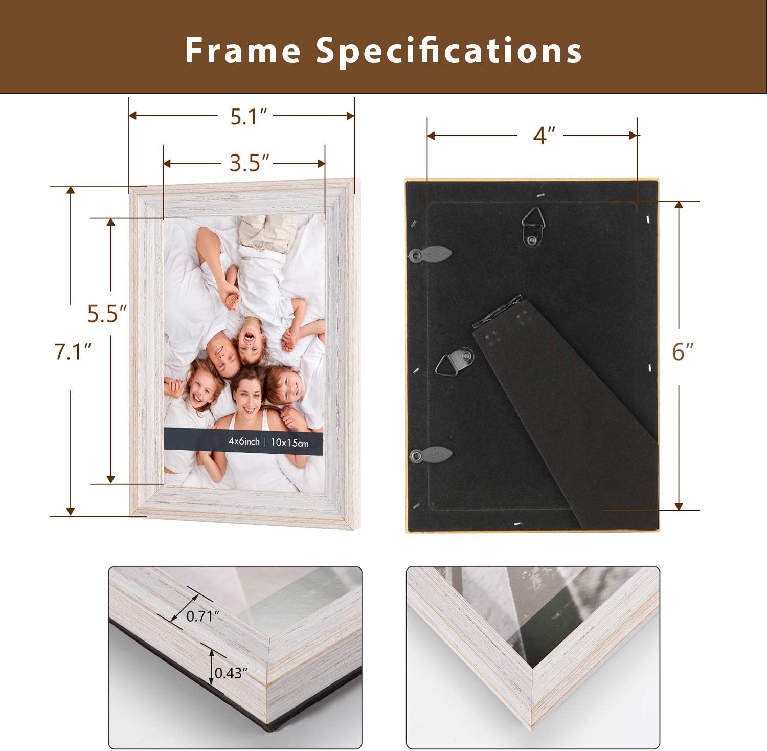 Distressed White Picture Frames 4x6 - (6 Pack) Rustic White Picture Frame Set Wood Textured Basic Designed Photo Frame with High Definition Glass For Table Top Display And Wall Hanging, Set Of 6