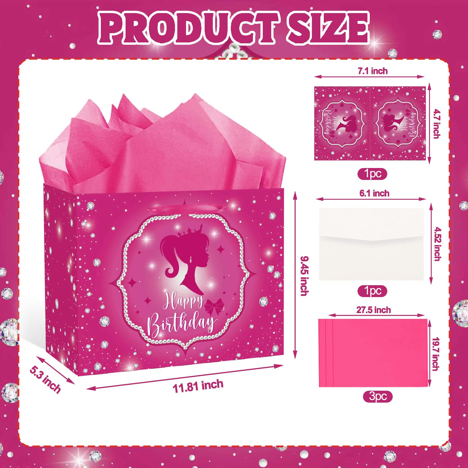 RTMISA Hot Pink Birthday Gift Bag with Tissue Paper and Greeting Card Princess Birthday Gifts Wrapping Bag for Girls Women Fashion Pink Doll Happy Birth Day Party Decorations Supplies