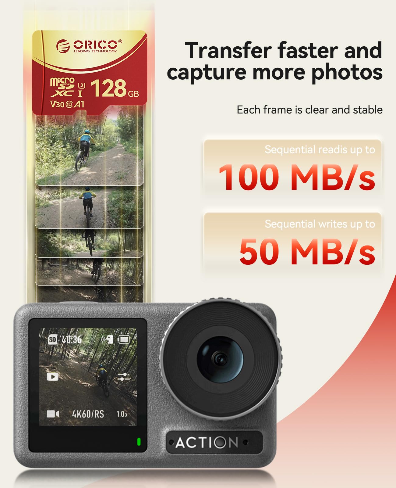 ORICO Scheda di memoria microSDXC UHS-I da 128 GB, 100 MB/s, ricodifica UHD 4K, U3, Class10, V30, A1, Micro SD per Action Camera, Dash Cam, TF Card F3