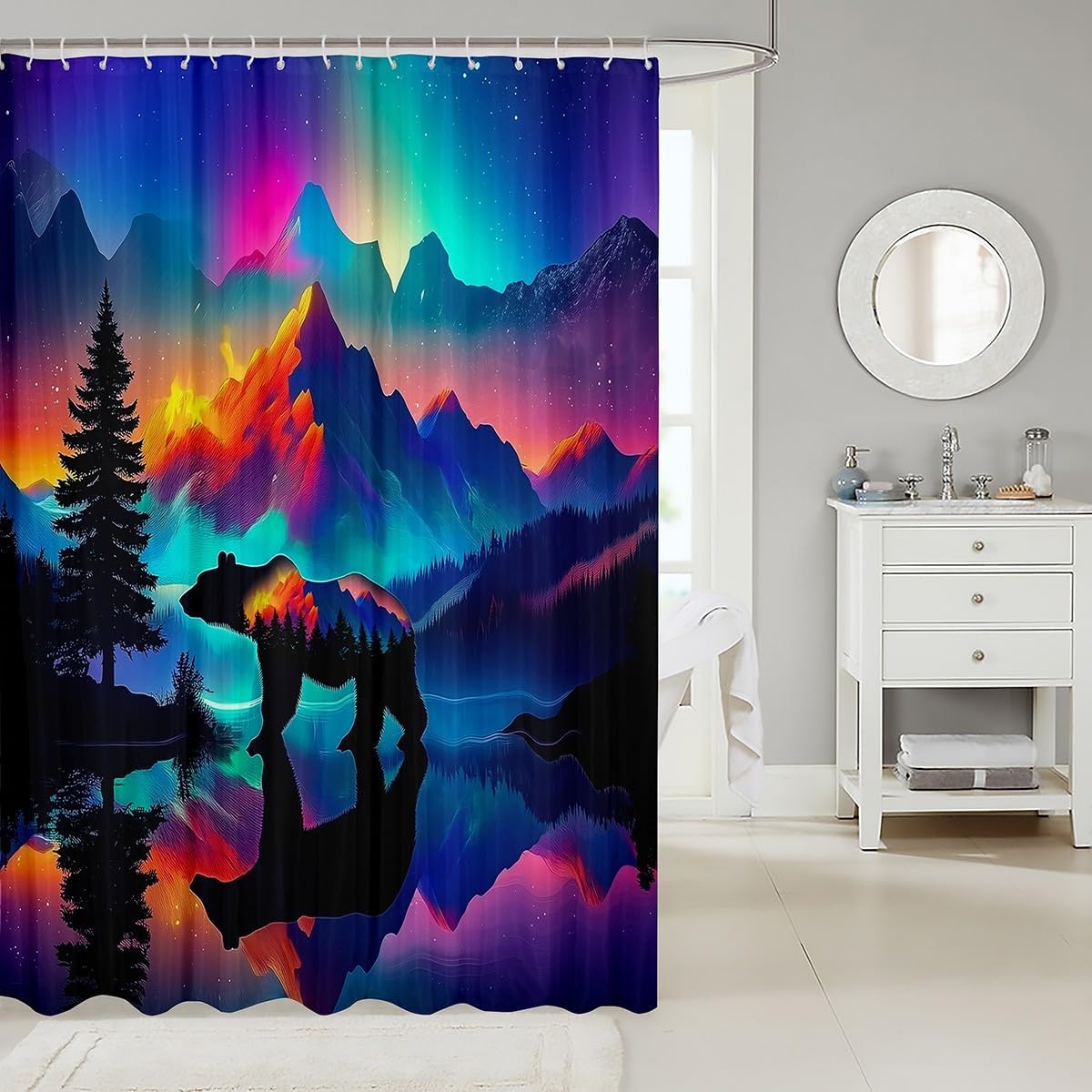 Erosebridal Aurora Shower Curtain Set,Polar Bear Penguin Bathroom Decor for Kids Boys Girls,Northern Lights Bathroom Set Starry Night Nature Themed Fabric Shower Curtain 72" Wx84 L