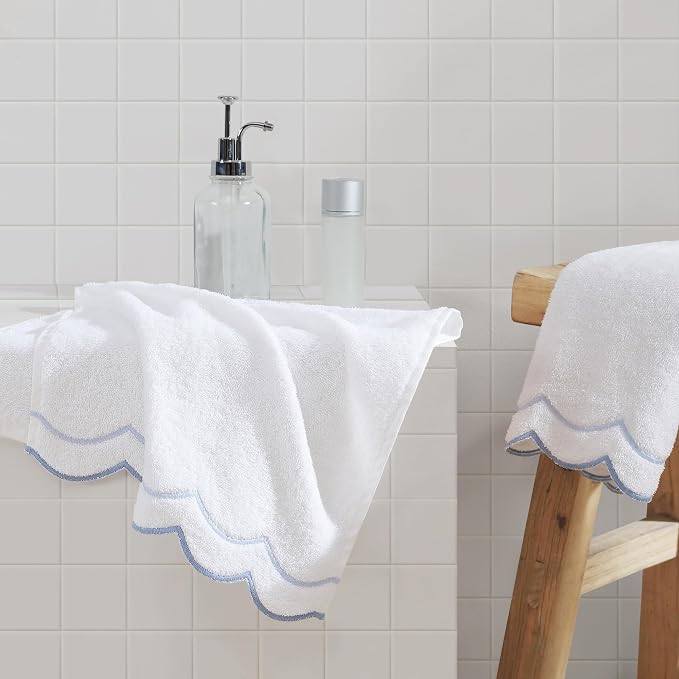 Cotton Hand Towel for Bathroom, Embroidered, Soft & Absorbent, 500 GSM, 1 Piece, 16" x 27", White with Blue Scallop