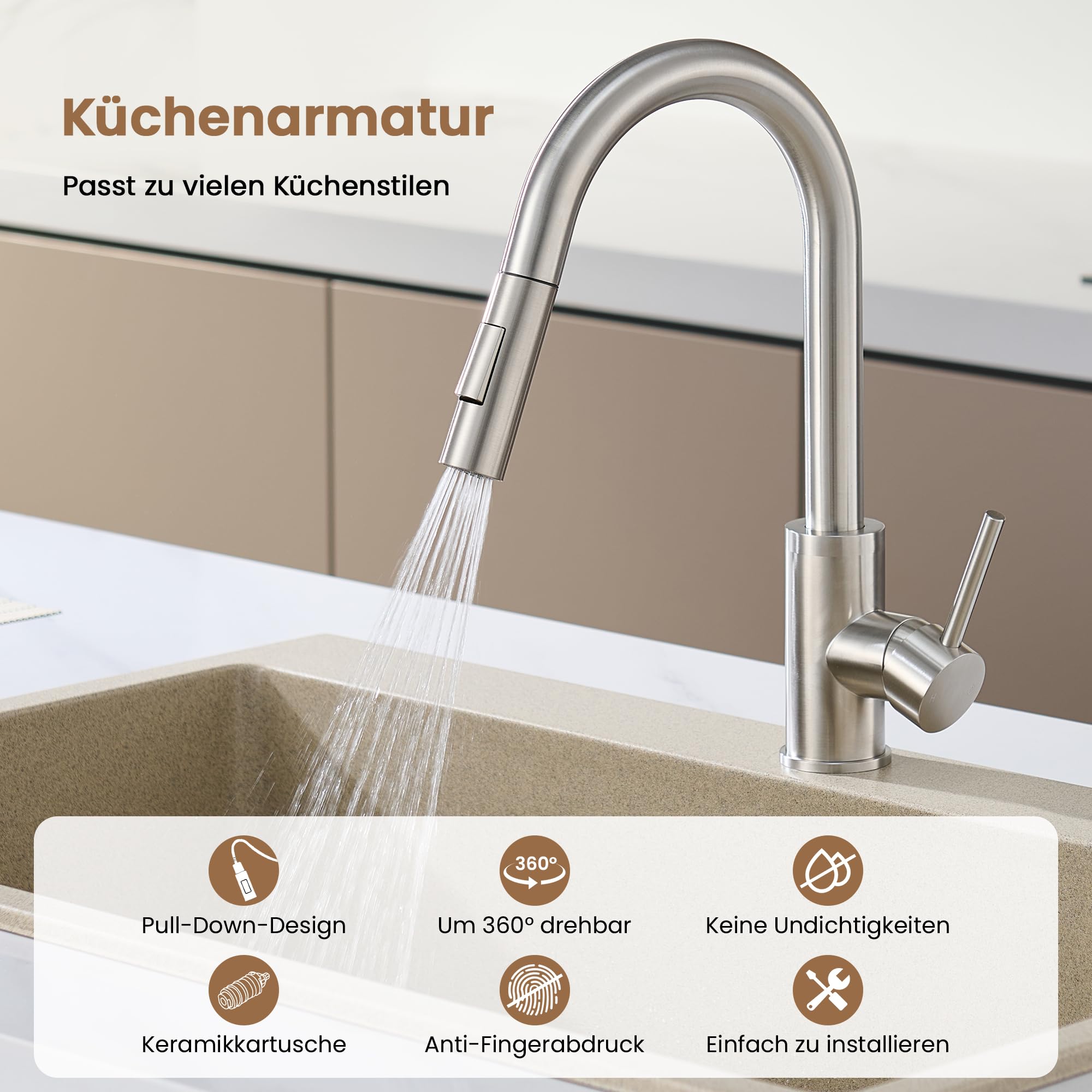 KPW Küchenarmatur Edelstahl Gebürstet Nickel mit Herausziehbarer Brause | Spültischarmatur mit Hohem Auslauf, Einhand-Mischbatterie für Küche, 1-Loch-Montage, inkl. Flexibler Anschlussschläuche